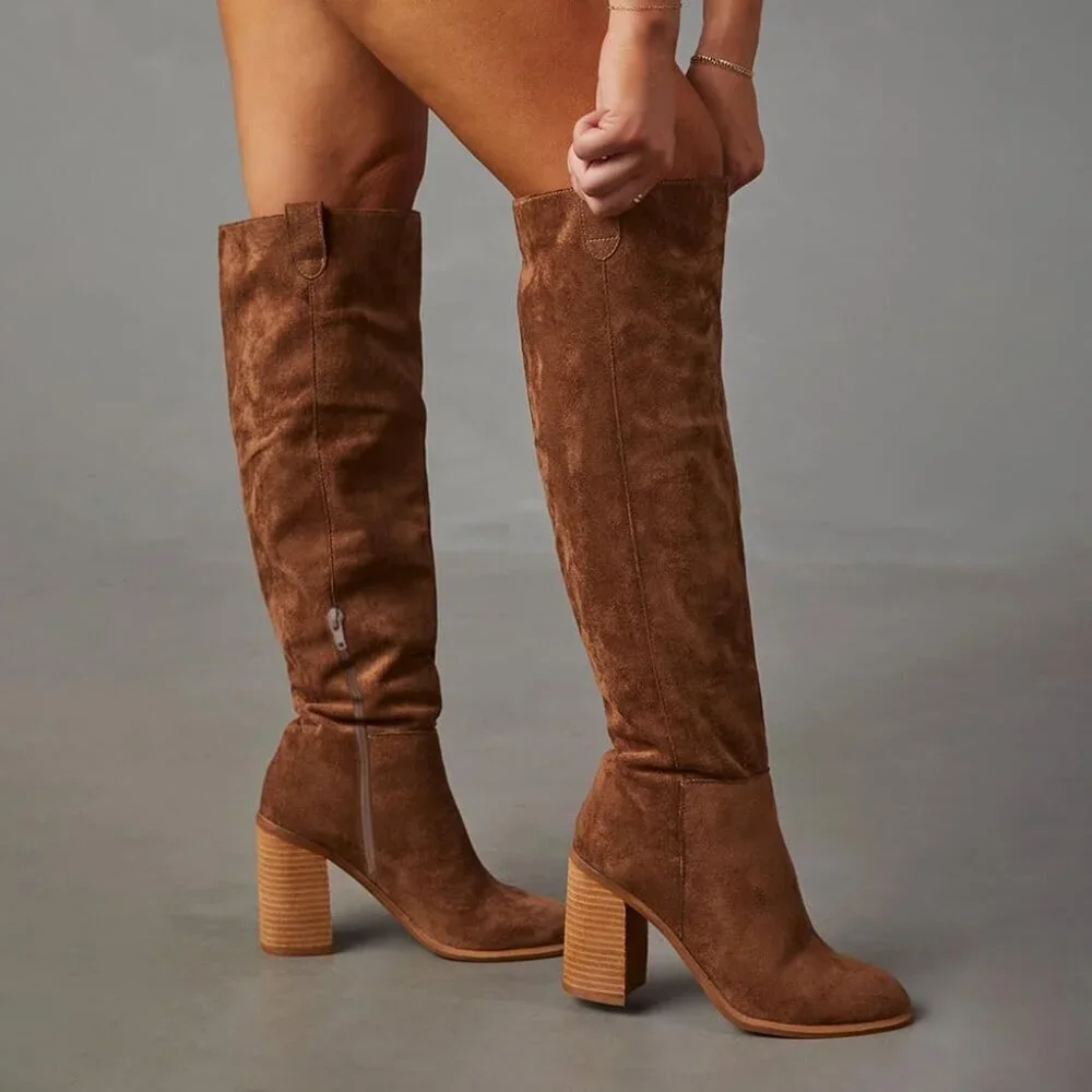 Women's 1 Brown Suede Knee-high Boots Fall Boot Chunky Block High Heel